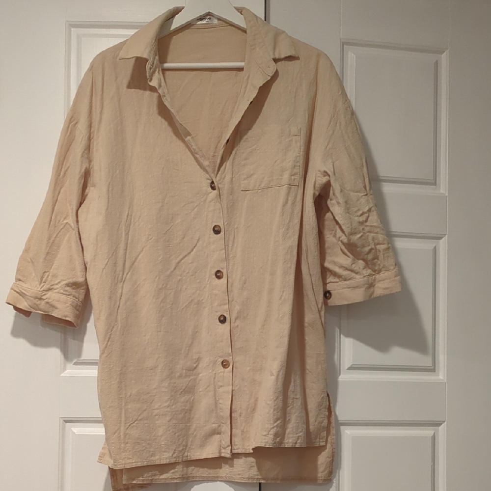Zeagoo Beige Short Sleeve Oversized Cotton Button-Up Top